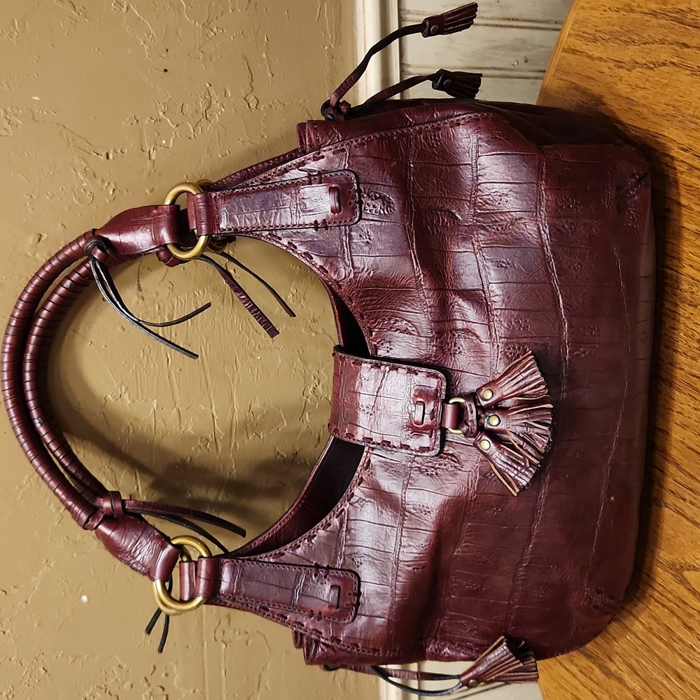 Antonio Melani Plum Red Crocodile Embossed Leather Shoulder Bag with Dust Bag
